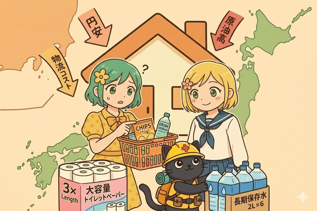 ブログ記事内のイメージ画像。緑髪と金髪の女性キャラクターが、スーパーで容量が減ったスナック菓子と飲料に気づき、困惑する様子。その横で、ヘルメットを被った防災猫が、大容量のトイレットペーパー（3倍巻き）や長期保存水を運んで備蓄を完了させ、サムズアップしている。背景には家、日本の地図、円安、原油高、物流コストの矢印が抽象的なアイコンとして描かれている。