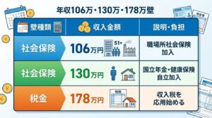 日本のパート主婦向けの2026年版「年収の壁」一覧表。106万・130万（社会保険）と178万（税金）の金額、種類、および2026年の制度改正を明記したグラフィック。左側に笑顔のパート女性と豚の貯金箱。