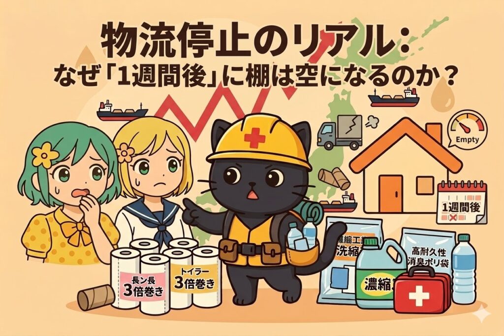 完全に空になった陳列棚を前に、緑髪の女の子、制服姿の金髪の女の子、防災ヘルメットを被った黒猫が、不安げに、または驚きながら立っている。棚にはわずかな残骸だけが残っている。上部には「物流停止のリアル：なぜ「1週間後」に棚は空になるのか？」という大きな日本語タイトルがある。背景には日本地図と原油高騰を示すグラフがある。アニメ調のイラスト。