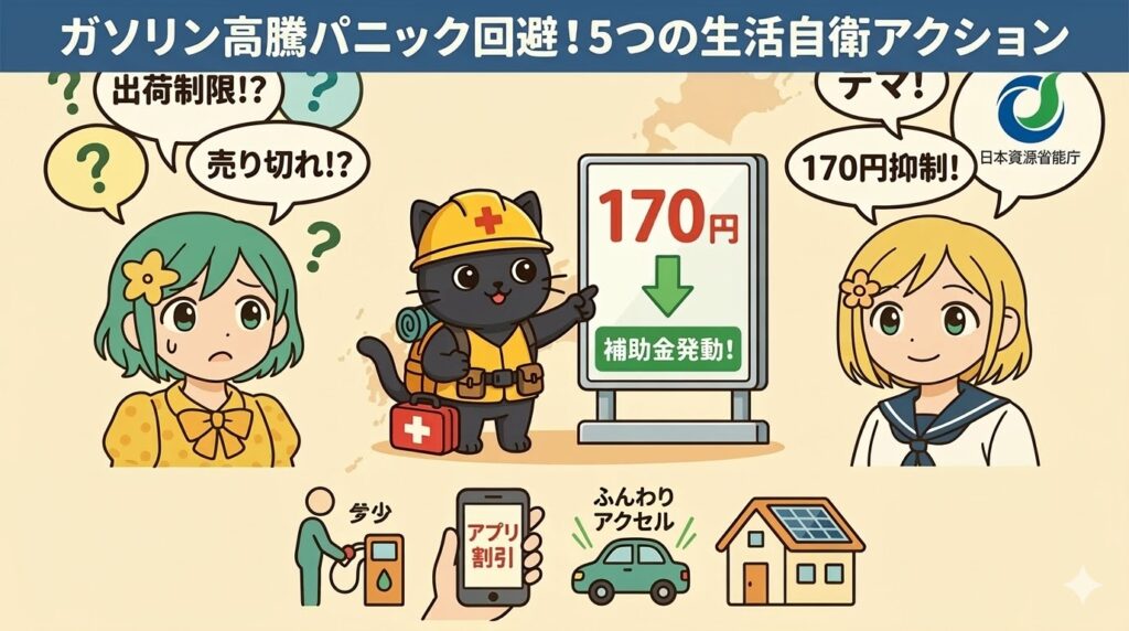 フラットデザインのアニメ風イラスト。上部に「ガソリン高騰パニック回避！5つの生活自衛アクション」と書かれた紺色のタイトルヘッダーが追加されている。下部には、元の画像と同じ、不安げな緑髪の女の子（出荷制限の噂）と、冷静な金髪の女の子（デマと補助金を説明）が並び、中央には作業着の黒猫（防災セット、thumbs up、日本の地図）がガソリンスタンドの「170円補助金発動！」の看板を指差している。最下部には、エコドライブ、アプリ活用、エネルギー自衛などの生活自衛アクションをアイコン化。明るいクリーム色の背景。ブログ記事「ガソリン高騰パニック回避！5つの生活自衛アクション」のアイキャッチ。