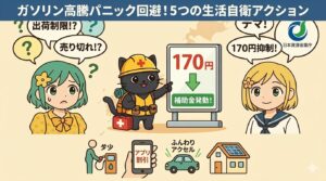 フラットデザインのアニメ風イラスト。上部に「ガソリン高騰パニック回避！5つの生活自衛アクション」と書かれた紺色のタイトルヘッダーが追加されている。下部には、元の画像と同じ、不安げな緑髪の女の子（出荷制限の噂）と、冷静な金髪の女の子（デマと補助金を説明）が並び、中央には作業着の黒猫（防災セット、thumbs up、日本の地図）がガソリンスタンドの「170円補助金発動！」の看板を指差している。最下部には、エコドライブ、アプリ活用、エネルギー自衛などの生活自衛アクションをアイコン化。明るいクリーム色の背景。ブログ記事「ガソリン高騰パニック回避！5つの生活自衛アクション」のアイキャッチ。