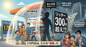 ガソリンスタンドを舞台に、政府補助金という「見せかけの安定」と「過酷な現実」の対比を描いたアイキャッチ画像。左側は、補助金のバリアに守られ175円という価格に安心する家族の風景。右側は、そのバリアの裏側で、壁が崩れて「リッター300円超え!?」という衝撃的な文字が現れ、国民の血税（お札）が吸い上げられていく中、財布を見て絶望する人々の姿が描かれています。下部には「170円台は、ただの『麻酔』だ。」という強い警告のメッセージが添えられています。
