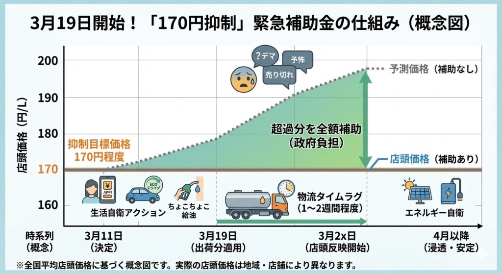 フラットなイラストとインフォグラフィックスが融合した、3月19日開始の「170円抑制」緊急補助金の仕組みを可視化した概念図。上部に大きく「3月19日開始！「170円抑制」緊急補助金の仕組み（概念図）」とあり、下部に横軸が時系列（3月11日決定、3月19日出荷分適用、3月2x日店頭反映開始、4月以降浸透・安定）、縦軸が価格（円/L）。抑制目標価格170円のオレンジ色のラインに対し、灰色の点線「予測価格（補助なし）」が200円へと上昇していくシミュレーションを描き、青色の実線「店頭価格（補助あり）」が170円程度で横ばいとなる様子を比較。2本のラインの間の緑色のエリアを「超過分を全額補助（政府負担）」として強調。補助エリアには大きな矢印とアイコンが配され、左側（不安から安心へ）には心配そうな人とデマのアイコン、右側（安定）には笑顔の人とアプリ割引、エコドライブのアイコン。中央にはタンクローリーのイラストと「物流タイムラグ（1〜2週間程度）」とラベリング。全体的に安心感を与える青、緑、オレンジを基調とし、清潔感のある清潔感のあるインフォグラフィックス風。右下に「※全国平均店頭価格に基づく概念図です。実際の店頭価格は地域・店舗により異なります。」と注釈。