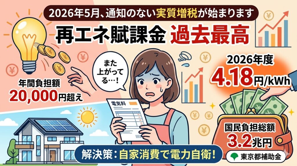 2026年5月からの実質増税「再エネ賦課金 過去最高」を警告するアイキャッチ画像。不安な女性が電気料金明細を見るイラストを中心に、年間負担額2万円超、国民負担総額3.2兆円、2026年度の単価4.18円/kWhといった負担増の情報と、太陽光パネルと蓄電池を設置した家による「自家消費で電力自衛」という解決策（東京都補助金活用）の情報が左右に対比されている。