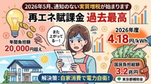 2026年5月からの実質増税「再エネ賦課金 過去最高」を警告するアイキャッチ画像。不安な女性が電気料金明細を見るイラストを中心に、年間負担額2万円超、国民負担総額3.2兆円、2026年度の単価4.18円/kWhといった負担増の情報と、太陽光パネルと蓄電池を設置した家による「自家消費で電力自衛」という解決策（東京都補助金活用）の情報が左右に対比されている。
