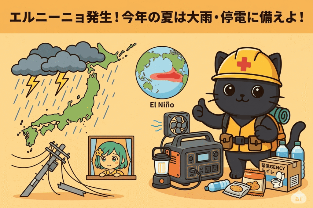 防災ヘルメットを被った黒猫と女の子が、ポータブル電源、LEDランタン、非常用トイレ、防災バッグ、水、食料などの防災グッズを囲んでいる。