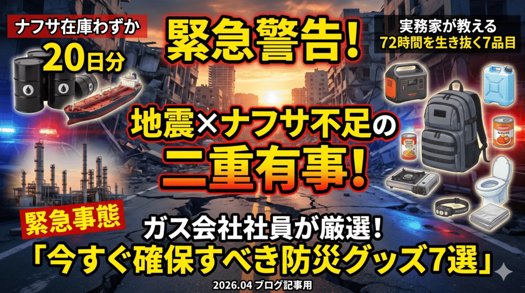 2026年4月のナフサ不足と地震の二重有事を警告するブログアイキャッチ画像。壊滅した街並みを背景に「緊急警告！」「ナフサ在庫わずか20日分」の文字と、ポータブル電源、カセットコンロ、簡易トイレなどの防災グッズ7選が並んでいるデザイン。