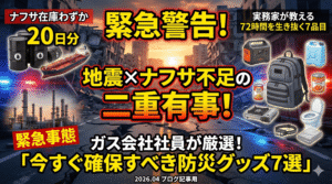 2026年4月のナフサ不足と地震の二重有事を警告するブログアイキャッチ画像。壊滅した街並みを背景に「緊急警告！」「ナフサ在庫わずか20日分」の文字と、ポータブル電源、カセットコンロ、簡易トイレなどの防災グッズ7選が並んでいるデザイン。