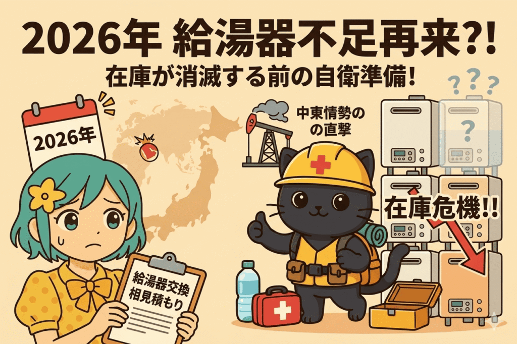 2026年に予想される中東情勢に起因する深刻な「給湯器在庫危機」を、不安な女性、防災猫、そして不調な給湯器のSOSサインと赤い下向き矢印で表現した警告アイキャッチ画像。
