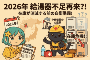 2026年に予想される中東情勢に起因する深刻な「給湯器在庫危機」を、不安な女性、防災猫、そして不調な給湯器のSOSサインと赤い下向き矢印で表現した警告アイキャッチ画像。