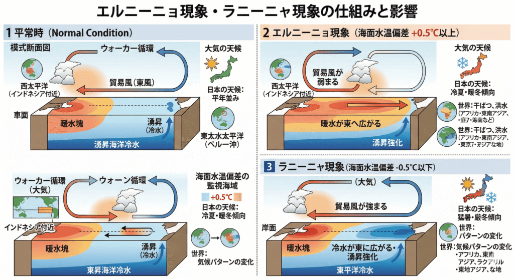 エルニーニョ現象発生による大雨・停電への備えを呼びかけるポスター。左側に雷雨、浸水、倒壊した電柱、不安そうな女の子。右側にエルニーニョ現象を示す地球、防災ヘルメットを被ってサムズアップする黒猫、ポータブル電源に接続された扇風機、LEDランタン、非常用トイレなどの防災グッズ。上部に見出しテキスト。
