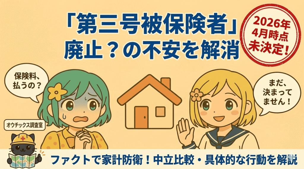 「第三号被保険者」廃止？の不安を解消。2026年4月時点 未決定！と書かれた赤いスタンプ。家のイラストを挟んで不安そうな緑髪の主婦と笑顔の金髪高校生。主婦の吹き出しには「保険料、払うの？」高校生の吹き出しには「まだ、決まってません！」と書かれている。左下には「オウチックス調査室」のヘルメットを被った黒猫。下部には「ファクトで家計防衛！中立比較・具体的な行動を解説」と書かれている。