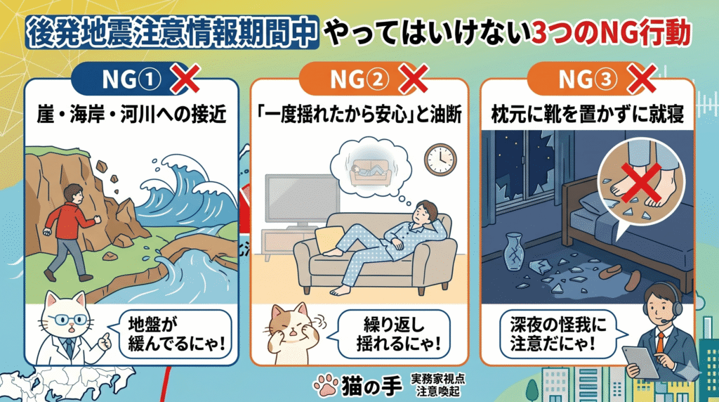 後発地震注意情報期間中にやってはいけない3つのNG行動の図解。NG①として崖・海岸・河川への接近（地盤の緩み）、NG②として「一度揺れたから安心」という油断（繰り返しの揺れ）、NG③として枕元に靴を置かずに就寝すること（深夜のガラス片による怪我）をイラストで示している。猫のキャラクターが「地盤が緩んでるにゃ！」などと実務家視点で注意喚起している。