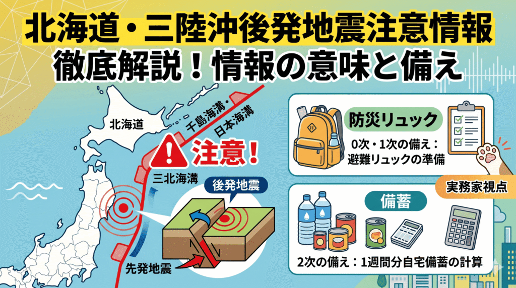 北海道・三陸沖後発地震注意情報の解説図。日本の北東地域の地図に千島海溝・日本海溝の震源域と注意喚起のアイコン、地震のメカニズムを示すイラスト、防災リュックや備蓄品（水・缶詰・電卓）のイラストが描かれ、情報の意味と備えを構造的に説明している。