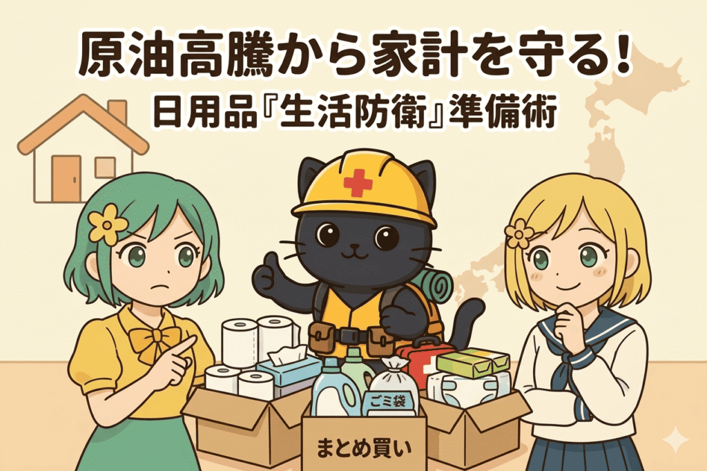 原油高騰への対策を伝えるアイキャッチ画像です。上部に「原油高騰から家計を守る！日用品『生活防衛』準備術」と見出しがあり、中央には防災ヘルメットを被った黒猫と、その前に段ボールに詰められたトイレットペーパー、洗剤、ゴミ袋などの日用品が置かれています。段ボールには「まとめ買い」と書かれています。左側には緑髪の少女が心配そうに段ボールを指差し、右側には金髪の少女が顎に手を当てて考えています。背景には家と日本の地図が描かれています。