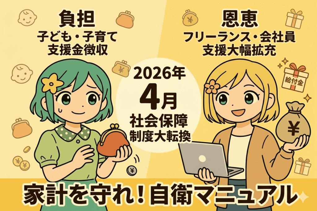 2026年4月の社会保障制度変更（負担増と支援拡充）を、心配そうな少女（負担）と笑顔の少女（恩恵、PC、円袋）で対比させ、「家計を守れ！自衛マニュアル」の文字が書かれたイラスト。