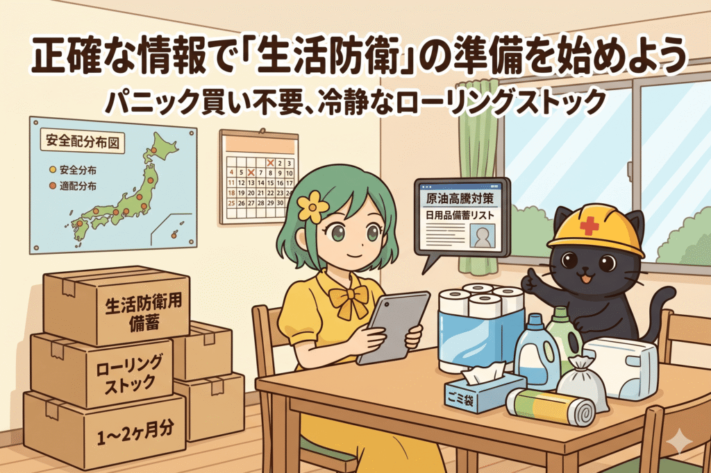 正確な情報に基づいた「生活防衛」の準備を呼びかけるイラストです。

部屋の中では、緑髪の少女がタブレットで「原油高騰対策 日用品備蓄リスト」を確認しています。その横で、ヘルメットを被った黒猫が親指を立て、テーブルの上にトイレットペーパー、洗剤、ゴミ袋、おむつ、ラップなどの日用品が整理されていることを示しています。

左側には段ボール箱が積まれており、上から「生活防衛用備蓄」「ローリングストック」「1〜2ヶ月分」と書かれています。壁には日本地図の「安全配分布図」と、特定の日付がチェックされたカレンダーが掛けられています。

上部には「正確な情報で『生活防衛』の準備を始めよう」、その下に「パニック買い不要、冷静なローリングストック」というメッセージが大きく書かれています。