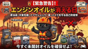 「ナフサショック！生活を脅かす在庫危機」と題された緊急警告のアイキャッチ画像です。中央には防災ヘルメットとベストを着用した緑髪の少女キャラクターが親指を立てて立っており、彼女を囲むように、エンジンオイル缶、水、救急箱、そして「未開封」「備蓄用」とラベルされた米、ラーメン、トイレットペーパーなどの日用品が並んでいます。背景には煙を上げる中東の石油コンビナートと日本列島を含む地図が描かれ、上部には「エンジン焼き付き」「オイル交換中止」「中東情勢の悪化」「原油高」といった危機的な状況を示す文字があります。下部には「必要なのは、エンジンオイルだけじゃない。日用品・備蓄品の確保を！」と、包括的な備えを促すメッセージが添えられています。