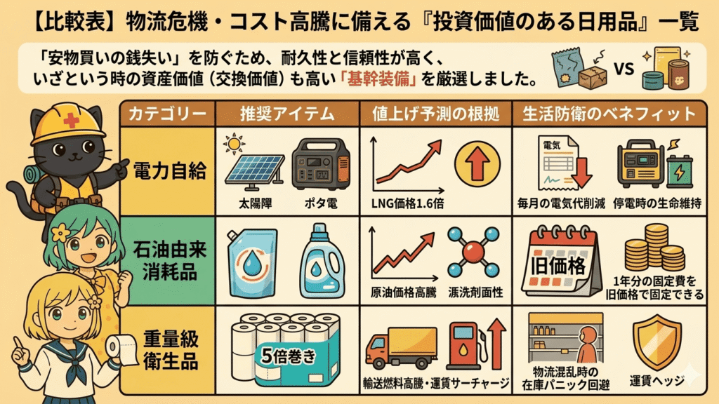 インフラ危機に備えてストックすべき「投資価値のある日用品」の比較表