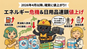 エネルギー危機による日用品の連鎖値上げと家計防衛を呼びかけるアイキャッチ