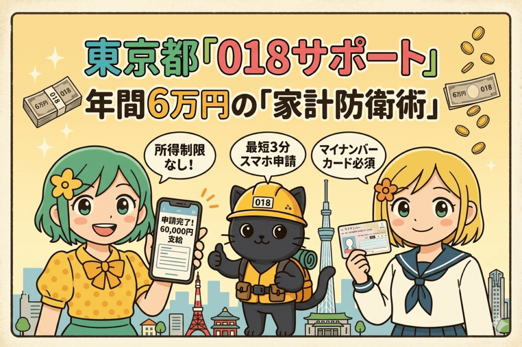 上部に「東京都「018サポート」」と「年間6万円の「家計防衛術」」という大きな文字があります。東京のスカイラインを背景に、緑色の髪の女の子（スマートフォンを持つ）、黒猫の防災スタッフ（親指を立てる）、金髪の女の子（マイナンバーカードを持つ）が並んでいます。それぞれのキャラクターと関連付けられた吹き出しで、「所得制限なし！」、「最短3分 スマホ申請」、「マイナンバーカード必須」という主要な特徴が示され、舞い散る「6万円」のお札が描かれています。