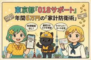 上部に「東京都「018サポート」」と「年間6万円の「家計防衛術」」という大きな文字があります。東京のスカイラインを背景に、緑色の髪の女の子（スマートフォンを持つ）、黒猫の防災スタッフ（親指を立てる）、金髪の女の子（マイナンバーカードを持つ）が並んでいます。それぞれのキャラクターと関連付けられた吹き出しで、「所得制限なし！」、「最短3分 スマホ申請」、「マイナンバーカード必須」という主要な特徴が示され、舞い散る「6万円」のお札が描かれています。