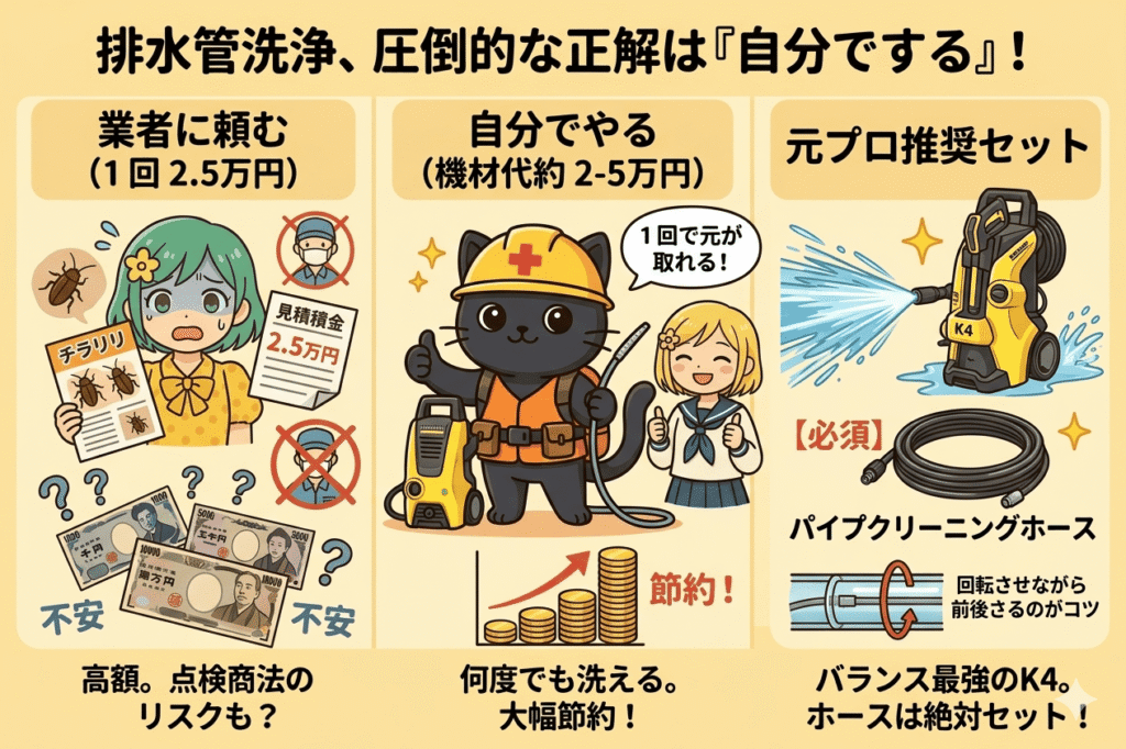 排水管洗浄の比較図解。左に業者依頼の高額・点検商法リスク、中央にDIYの節約メリット、右に推奨機材(ケルヒャーK4とパイプホース)と洗浄のコツをまとめている。