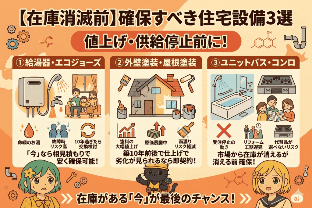 【在庫消滅前】確保すべき住宅設備3選」と書かれたインフォグラフィック画像。給湯器・エコジョーズ、外壁塗装・屋根塗装、ユニットバス・コンロの3つの項目について、メリットや注意点などがアイコンとテキストで解説されている。