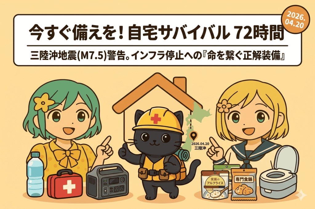 巨大地震が発生した際、救助や支援が届くまでの最初の72時間を生き抜くための備え（飲料水、食料、トイレ、電源など）を具体的に紹介する記事。特に「自宅での避難（自宅サバイバル）」に焦点を当てた内容。