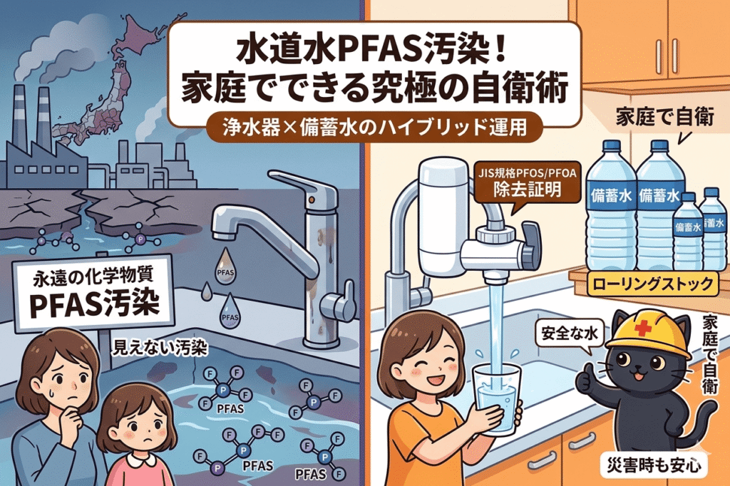 この画像は、水道水のPFAS汚染とその対策に関するブログ記事のアイキャッチ画像です。画面は左右に分かれており、左側は汚染のリスクを、右側は具体的な自衛策（浄水器と備蓄水）を対比して表現しています。 上部中央には、大きな見出しで「水道水PFAS汚染！家庭でできる究極の自衛術」とあり、その下に「浄水器×備蓄水のハイブリッド運用」というサブタイトルがあります。 左側の「汚染のリスク」のエリアは、背景が青とグレーで、不安げな母親と娘が描かれています。上部には工場と煙、日本地図、そして地面の下の汚染された地下水には「PFAS」と書かれた分子のイラストが散りばめられています。古い蛇口からは汚れた水が滴っており、「永遠の化学物質 PFAS汚染」「見えない汚染」といったテキストがあります。 右側の「自衛策」のエリアは、明るいオレンジと白の背景で、笑顔の母親と娘が描かれています。母親は、高性能な浄水器が取り付けられた新しい蛇口から注がれる清潔な水が入ったグラスを持っています。浄水器の近くには「JIS規格PFOS/PFOA除去証明」のラベルがあります。右側には棚があり、多数のペットボトルが「備蓄水」「ローリングストック」というラベルとともに並んでいます。下部には、黄色のヘルメット（赤い十字マーク入り）とベストを着用した防災猫のキャラクターが「いいね」の手をしています。周囲には「家庭で自衛」「安全な水」「災害時も安心」といったテキストがあります。