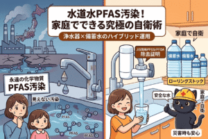 この画像は、水道水のPFAS汚染とその対策に関するブログ記事のアイキャッチ画像です。画面は左右に分かれており、左側は汚染のリスクを、右側は具体的な自衛策（浄水器と備蓄水）を対比して表現しています。 上部中央には、大きな見出しで「水道水PFAS汚染！家庭でできる究極の自衛術」とあり、その下に「浄水器×備蓄水のハイブリッド運用」というサブタイトルがあります。 左側の「汚染のリスク」のエリアは、背景が青とグレーで、不安げな母親と娘が描かれています。上部には工場と煙、日本地図、そして地面の下の汚染された地下水には「PFAS」と書かれた分子のイラストが散りばめられています。古い蛇口からは汚れた水が滴っており、「永遠の化学物質 PFAS汚染」「見えない汚染」といったテキストがあります。 右側の「自衛策」のエリアは、明るいオレンジと白の背景で、笑顔の母親と娘が描かれています。母親は、高性能な浄水器が取り付けられた新しい蛇口から注がれる清潔な水が入ったグラスを持っています。浄水器の近くには「JIS規格PFOS/PFOA除去証明」のラベルがあります。右側には棚があり、多数のペットボトルが「備蓄水」「ローリングストック」というラベルとともに並んでいます。下部には、黄色のヘルメット（赤い十字マーク入り）とベストを着用した防災猫のキャラクターが「いいね」の手をしています。周囲には「家庭で自衛」「安全な水」「災害時も安心」といったテキストがあります。