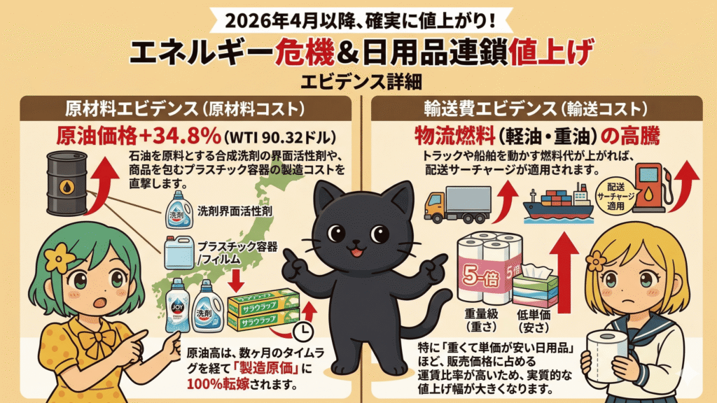 原油高と輸送費高騰が、日用品の製造・物流コストを押し上げる理由の図解