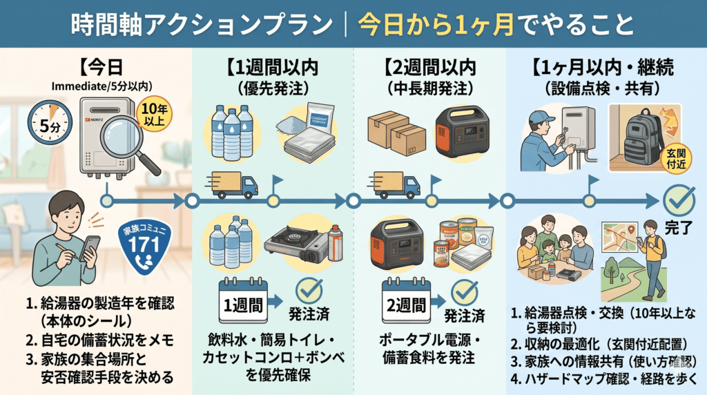 今日から1ヶ月間の防災アクションプランを示したロードマップ。今日やるべき「給湯器の製造年確認」、1週間以内の「水・トイレ・コンロの優先確保」、2週間以内の「電源・食料の発注」、1ヶ月以内の「設備点検とハザードマップ確認」をステップ別に図解。