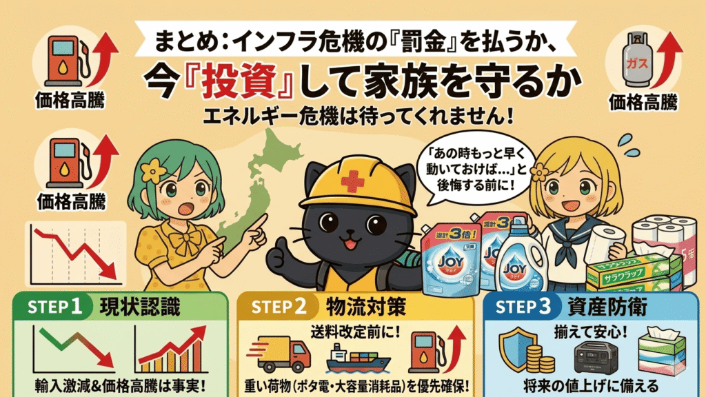 インフラ危機から家族と家計を守るための具体的な3ステップを示すまとめ画像