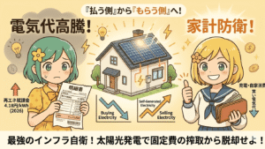 電気代高騰と太陽光発電による家計防衛をテーマにしたイラスト。中央には太陽光パネルを設置した住宅があり、左側には電気代の明細を見て「電気代高騰！」と嘆く緑髪の女性、右側には太陽光発電で「家計防衛！」と笑顔を見せる金髪の女性が描かれています。下部には「最強のインフラ自衛！太陽光発電で固定費の搾取から脱却せよ！」というタイトルが大きく書かれています。