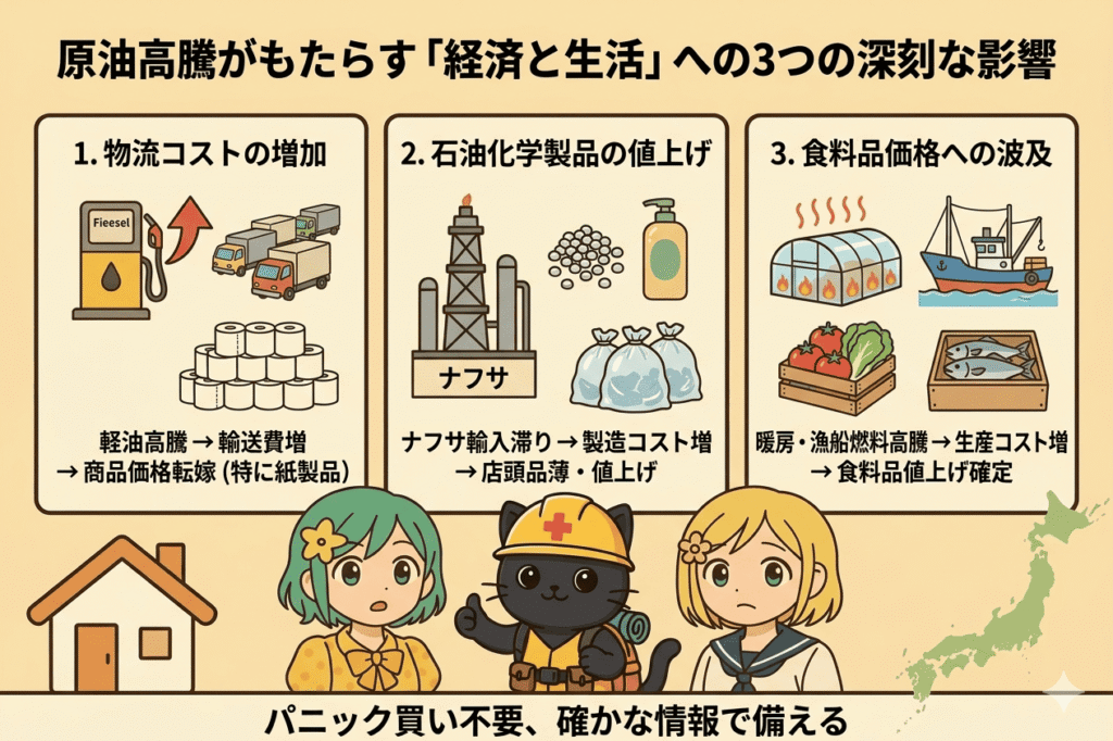 原油高騰が「経済と生活」に与える3つの影響を詳しく解説したインフォグラフィック画像です。

画面上部には「原油高騰がもたらす『経済と生活』への3つの深刻な影響」という見出しがあり、その下に3つの項目がイラスト付きで並んでいます。

物流コストの増加：給油機、トラックの車列、高く積まれたトイレットペーパーのイラスト。「軽油高騰→輸送費増→商品価格転嫁（特に紙製品）」と説明されています。

石油化学製品の値上げ：石油プラント（ナフサ）、原料ペレット、ゴミ袋、シャンプーボトルのイラスト。「ナフサ輸入滞り→製造コスト増→店頭品薄・値上げ」と説明されています。

食料品価格への波及：ビニールハウス、漁船、木箱に入った野菜や魚のイラスト。「暖房・漁船燃料高騰→生産コスト増→食料品値上げ確定」と説明されています。

画面下部では、緑髪の少女、作業着の黒猫、金髪の少女の3人が深刻な表情でボードを見上げています。一番下には「パニック買い不要、確かな情報で備える」というメッセージが添えられています。