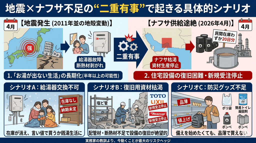 地震とナフサ不足が重なる「二重有事」の具体的被害シナリオ。2011年並みの地震による給湯器故障に対し、ナフサ供給途絶で資材が枯渇し復旧が困難になる状況を解説。給湯器交換不可、設備復旧の絶望、防災グッズの品薄という3つの深刻なシナリオを描いたイラスト。