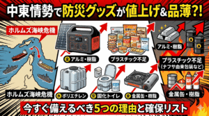 中東情勢緊迫の影響で、原材料価格が高騰し、防災グッズが値上がり、品薄になる恐れがあることを警告するものです。 ホルムズ海峡の封鎖といった地政学的リスクが、アルミ・ナフサといった原材料の価格を押し上げ、それを原材料とする防災グッズ（ポータブル電源、非常食、ポリタンク、簡易トイレ、カセットコンロ）が値上がりするという構図を視覚的に分かりやすく表現しています。