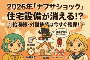 「2026年『ナフサショック』住宅設備が消える！？」と書かれたブログ用アイキャッチ画像。不安げな表情の女の子2人と、防災装備の黒猫キャラクター、背景には日本地図と中東地図が描かれている。