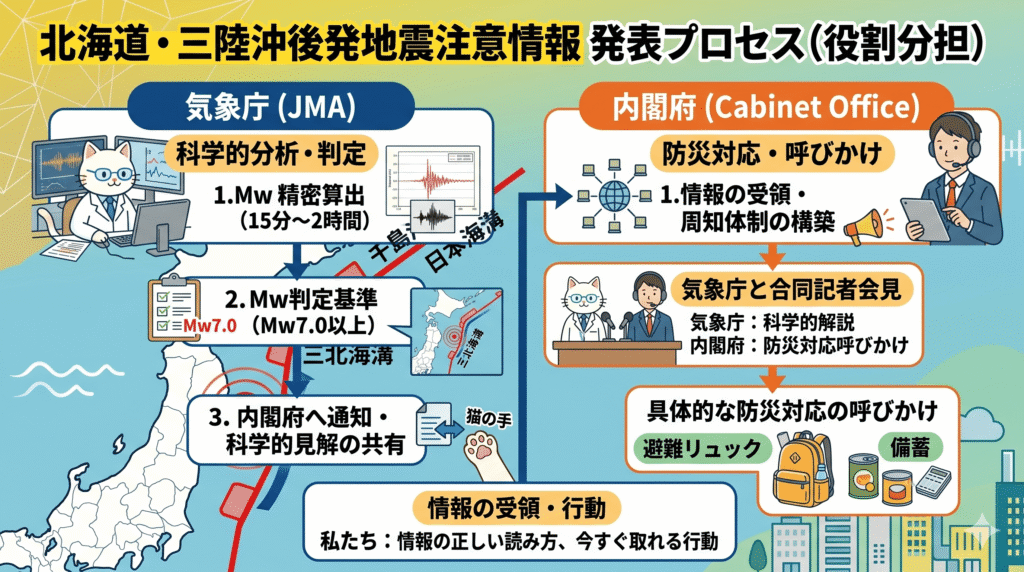 「北海道・三陸沖後発地震注意情報」の発表プロセスを3ステップで解説するインフォグラフィック。STEP1で気象庁による地震の精密算出（Mw7.0判定）、STEP2で科学的見解の共有と内閣府への通知、STEP3で両機関による合同記者会見と国民への防災呼びかけ（避難準備や備蓄確認）という流れを、猫のキャラクターやアイコンを用いて分かりやすく示している。