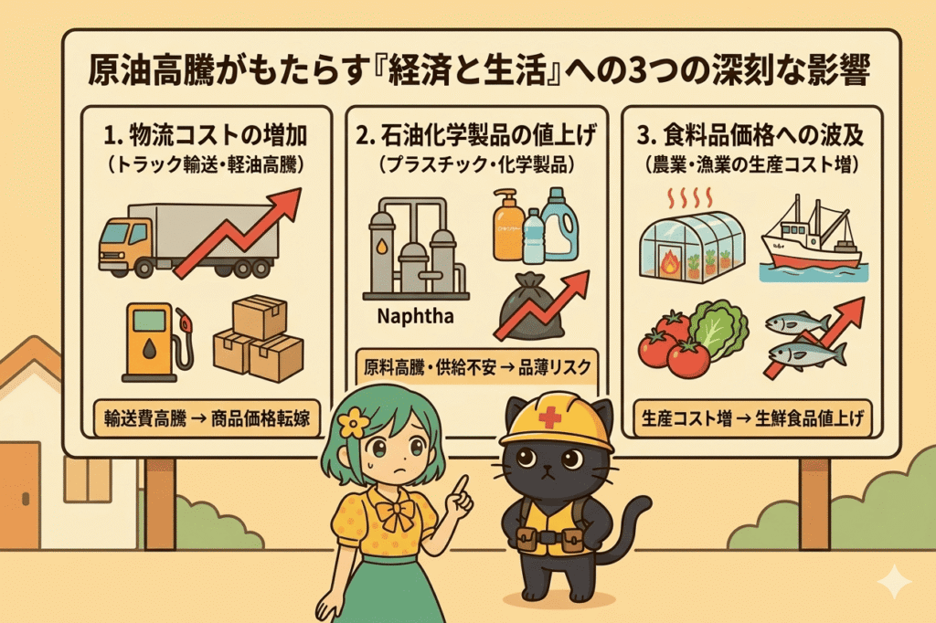 原油高騰が経済と生活に与える影響を3つのポイントで解説したインフォグラフィック画像です。

ボードの前で、困り顔の緑髪の少女と作業着を着た黒猫が説明しています。
ボードの内容は左から以下の通りです。

物流コストの増加：トラックと上昇する赤い矢印、ガソリンスタンド、段ボールのイラスト。輸送費高騰が商品価格へ転嫁されることを示しています。

石油化学製品の値上げ：石油プラント（Naphtha）、洗剤やボトルの容器、ゴミ袋のイラスト。原料高騰による品薄リスクを説明しています。

食料品価格への波及：ビニールハウス、漁船、野菜や魚のイラスト。生産コストが増加し、生鮮食品が値上げされる流れを描いています。
