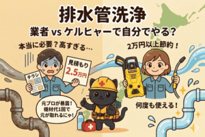 排水管洗浄の「業者依頼（高額・不安）」と「ケルヒャーで自洗（節約・安心）」を比較したアイキャッチ。黒猫のプロが「機材代は1回で元が取れる」と推奨している。