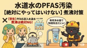水道水のPFAS汚染と間違った煮沸対策を警告するイラスト。焦る2人の女性と沸騰するヤカン、PFASが濃縮される仕組みの図解、そして「専用浄水器で物理除去だにゃ！」と解説するヘルメットをかぶった黒猫のキャラクター。上部には「水道水のPFAS汚染【絶対にやってはいけない】煮沸対策」の文字。