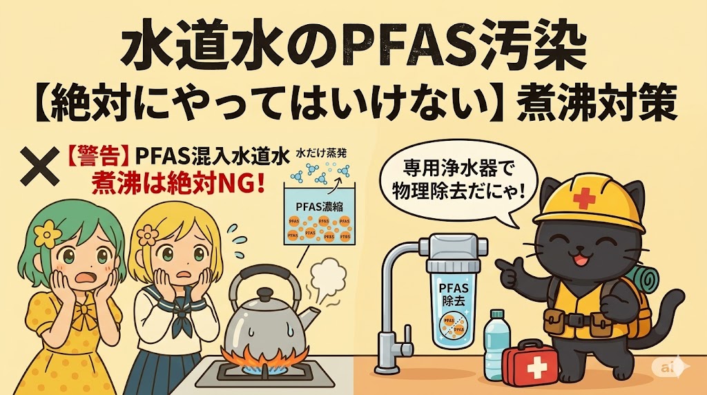 水道水のPFAS汚染と間違った煮沸対策を警告するイラスト。焦る2人の女性と沸騰するヤカン、PFASが濃縮される仕組みの図解、そして「専用浄水器で物理除去だにゃ！」と解説するヘルメットをかぶった黒猫のキャラクター。上部には「水道水のPFAS汚染【絶対にやってはいけない】煮沸対策」の文字。