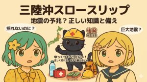 淡いベージュの背景に、「三陸沖スロースリップ 地震の予兆？正しい知識と備え」という大きな文字が書かれたブログのアイキャッチ画像。左側には不安そうな表情をした緑の髪の女の子、右側には同様に心配そうな金髪の女の子が描かれている。中央には、黄色いヘルメットと安全ベストを着用して親指を立てる黒猫の防災キャラクターがおり、「ゆっくりすべりだにゃ！正しく恐れて、今すぐ備えるにゃ」という吹き出しが出ている。キャラクターの周囲には、日本地図（三陸沖に赤丸）、非常用持ち出し袋、ヘルメット、救急箱、ミネラルウォーター、そしてプレートのゆっくりすべりを表す地質構造のイラストが配置されている。