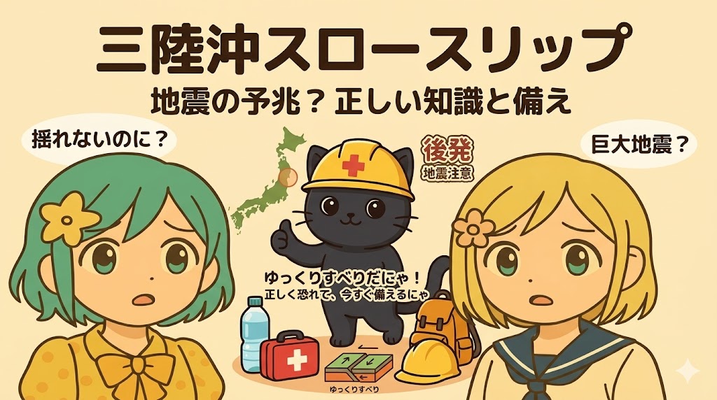 淡いベージュの背景に、「三陸沖スロースリップ 地震の予兆？正しい知識と備え」という大きな文字が書かれたブログのアイキャッチ画像。左側には不安そうな表情をした緑の髪の女の子、右側には同様に心配そうな金髪の女の子が描かれている。中央には、黄色いヘルメットと安全ベストを着用して親指を立てる黒猫の防災キャラクターがおり、「ゆっくりすべりだにゃ！正しく恐れて、今すぐ備えるにゃ」という吹き出しが出ている。キャラクターの周囲には、日本地図（三陸沖に赤丸）、非常用持ち出し袋、ヘルメット、救急箱、ミネラルウォーター、そしてプレートのゆっくりすべりを表す地質構造のイラストが配置されている。