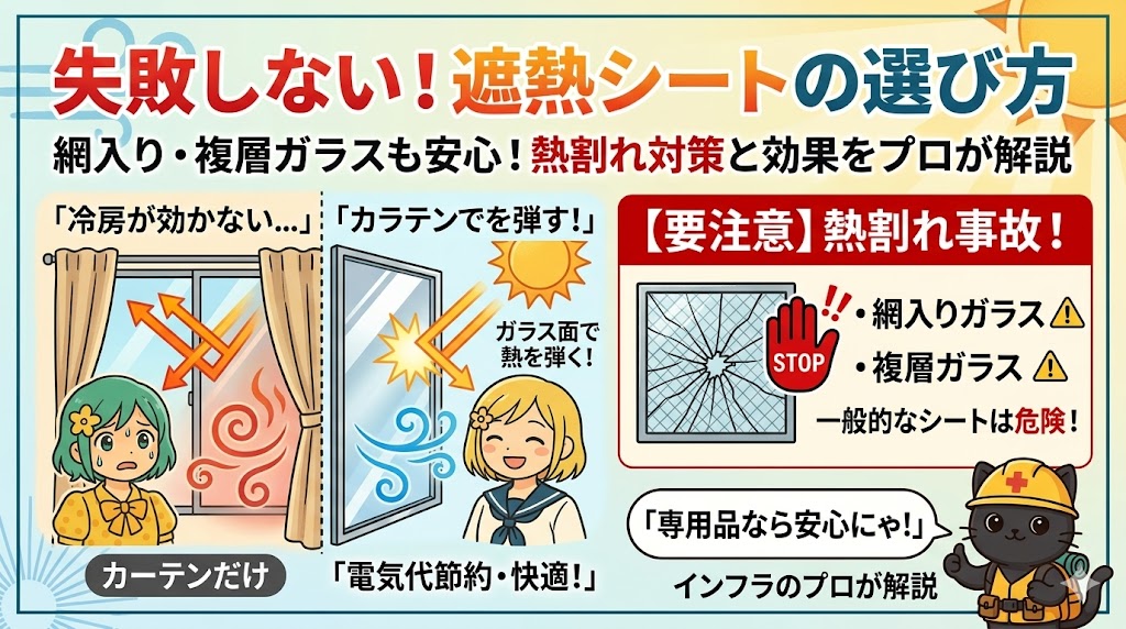 失敗しない！遮熱シートの選び方を解説するブログ記事のアイキャッチ画像。カーテンだけの部屋は「冷房が効かない…」と悩む緑髪の少女と、遮熱シートを貼って「電気代節約・快適！」と笑顔の金髪の少女の比較。右側には「【要注意】熱割れ事故！」の警告があり、網入りガラスと複層ガラスへの注意が赤いストップサインと「一般的なシートは危険！」の文字で強調されている。下部には安全ヘルメットと装備を着用したプロフェッショナルの黒猫（キャラクター）が「専用品なら安心にゃ！」と吹き出しで話し、その下に「インフラのプロが解説」と記載されている。上部には大きな赤い文字で「失敗しない！遮熱シートの選び方」と見出しがある。