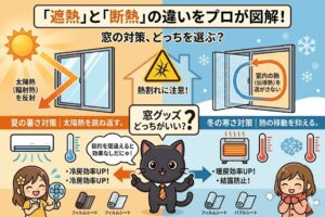 「遮熱」と「断熱」の違いを夏冬別、キャラクター付きで解説した図解イラスト。