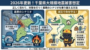 2026年更新の千葉県大規模地震被害想定を解説するインフォグラフィック。左右に分かれたパネルで構成されており、左側は「最悪のシナリオ」として、沿岸部を襲う巨大な津波（銚子市で12.5m想定など）、内陸部での建物倒壊や火災の様子が、千葉県の地図とともにダークな色調で描かれている。 右側は「減災で命を守る！」と題され、明るい黄色と緑の色調で、避難タワーへ走る人々、耐震化された住宅、ポータブル電源や凝固剤などの備蓄品が描かれている。中央には防災グッズを装備しヘルメットを被った黒猫のキャラクターが親指を立てている。 上部には「2026年更新！千葉県大規模地震被害想定 正しく恐れて、対策を打つ！最悪のシナリオを乗り越える方法」、下部には「正しい知識と事前の備えで、被害は減らせる！」という日本語のタイトルとメッセージが配置されている。