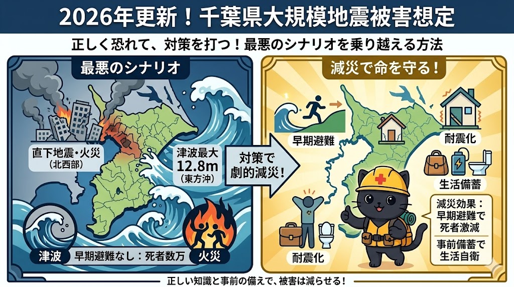 2026年更新の千葉県大規模地震被害想定を解説するインフォグラフィック。左右に分かれたパネルで構成されており、左側は「最悪のシナリオ」として、沿岸部を襲う巨大な津波（銚子市で12.5m想定など）、内陸部での建物倒壊や火災の様子が、千葉県の地図とともにダークな色調で描かれている。 右側は「減災で命を守る！」と題され、明るい黄色と緑の色調で、避難タワーへ走る人々、耐震化された住宅、ポータブル電源や凝固剤などの備蓄品が描かれている。中央には防災グッズを装備しヘルメットを被った黒猫のキャラクターが親指を立てている。 上部には「2026年更新！千葉県大規模地震被害想定 正しく恐れて、対策を打つ！最悪のシナリオを乗り越える方法」、下部には「正しい知識と事前の備えで、被害は減らせる！」という日本語のタイトルとメッセージが配置されている。